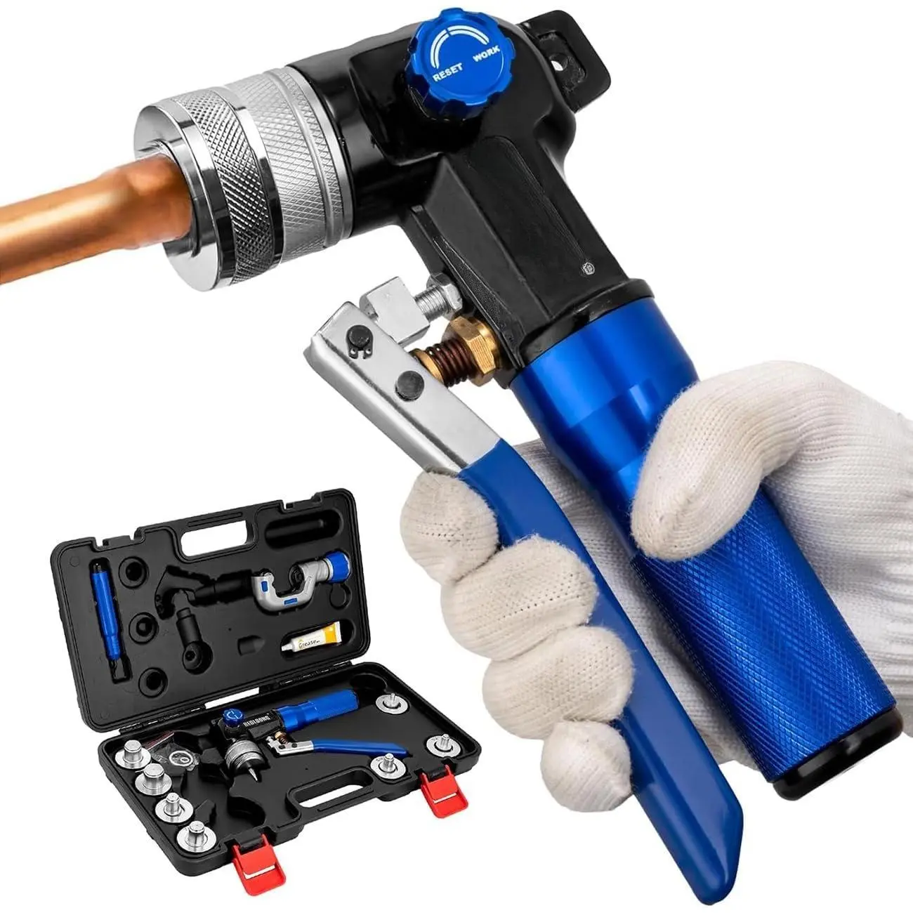 HVAC Hydraulic Swaging Tool Kit for Copper Tubing – Expanding 3/8" to 1-1/8" with 7 Interchangeable Heads, Portable Tube Expander for HVAC Professionals (Blue)