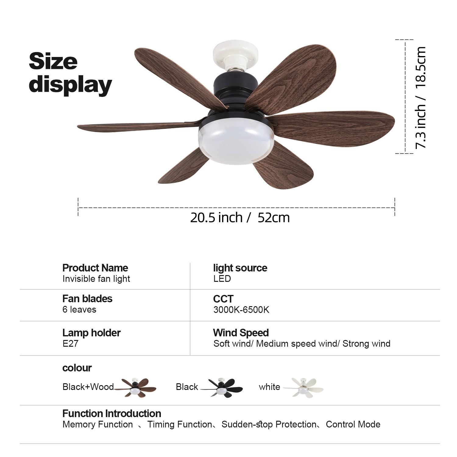20.5 Inch Dimmable Fan Light Socket, E27 Screw Base, Remote Control Ceiling Fan Lamp Walnut Color, 3 Speeds, 3 Adjustable Colors