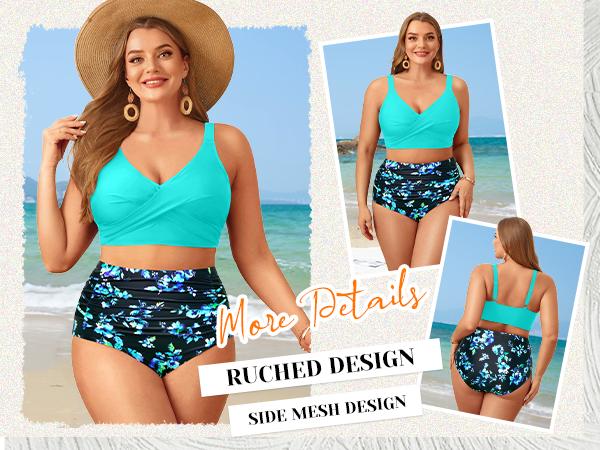 Tempt Me Plus Size Two Piece Swimsuit - High Waisted Bikini Set Tummy Control Bathing Suits for Women