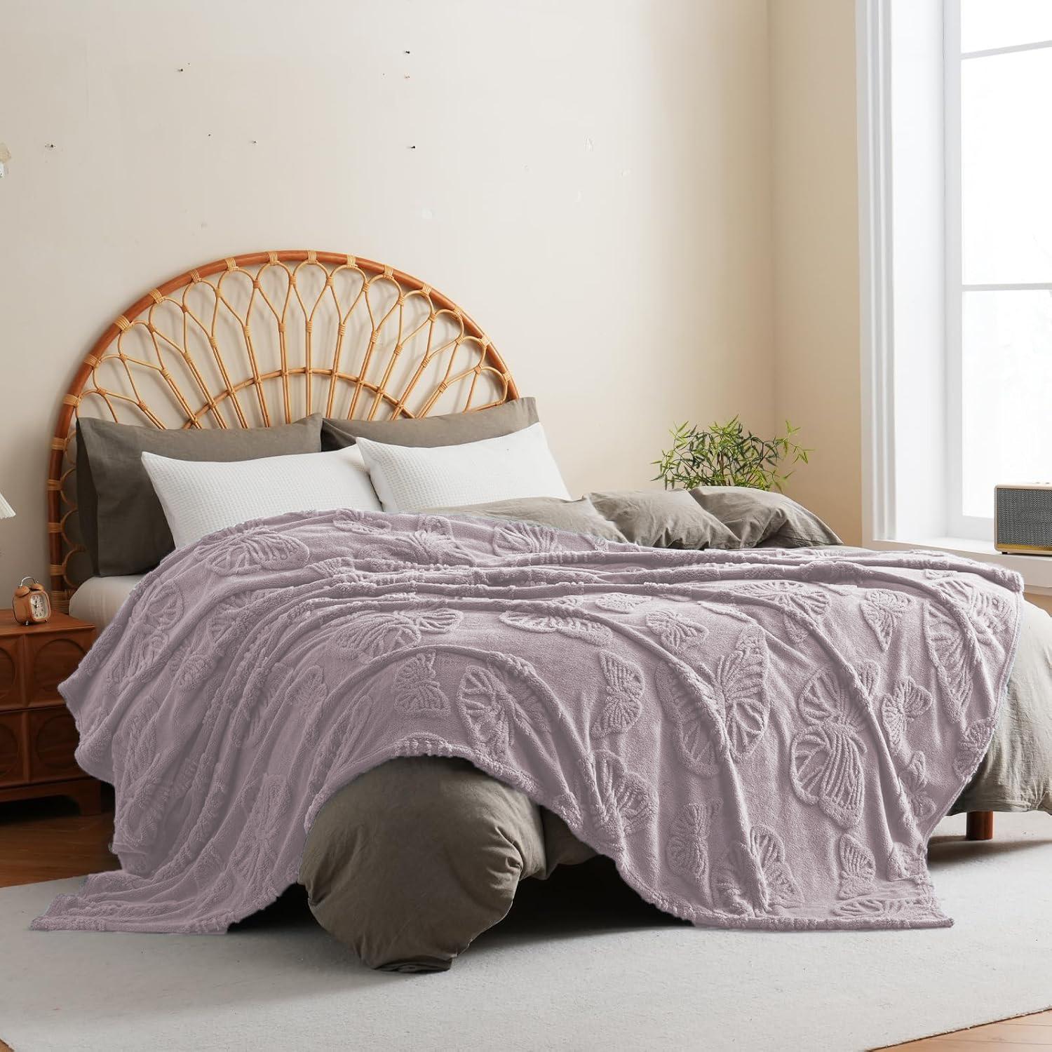 Wool Butterfly Blanket for Sofa Bed, 3D Embroidered Soft Flannel, All-Season Size, Comfortable for Bed Couch Office Camping