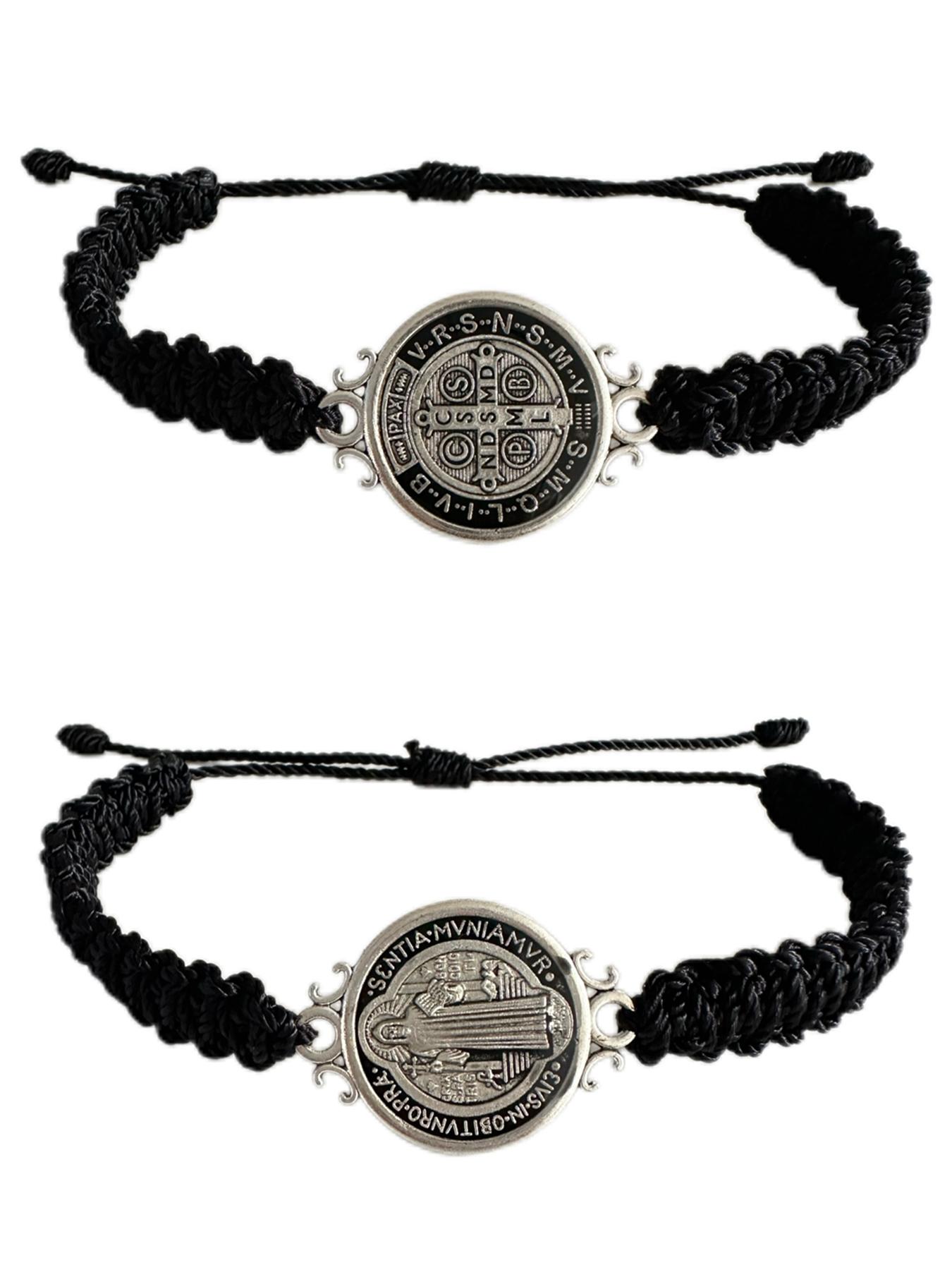 2 Pcs Red St. Benedict Bracelets with Cross Charm and Black Adjustable Cord, Saint Benedict Medal, Catholic Religious Symbolism Jewelry Gift for Men and Women, Religious Wristband, Prayer Bracelet