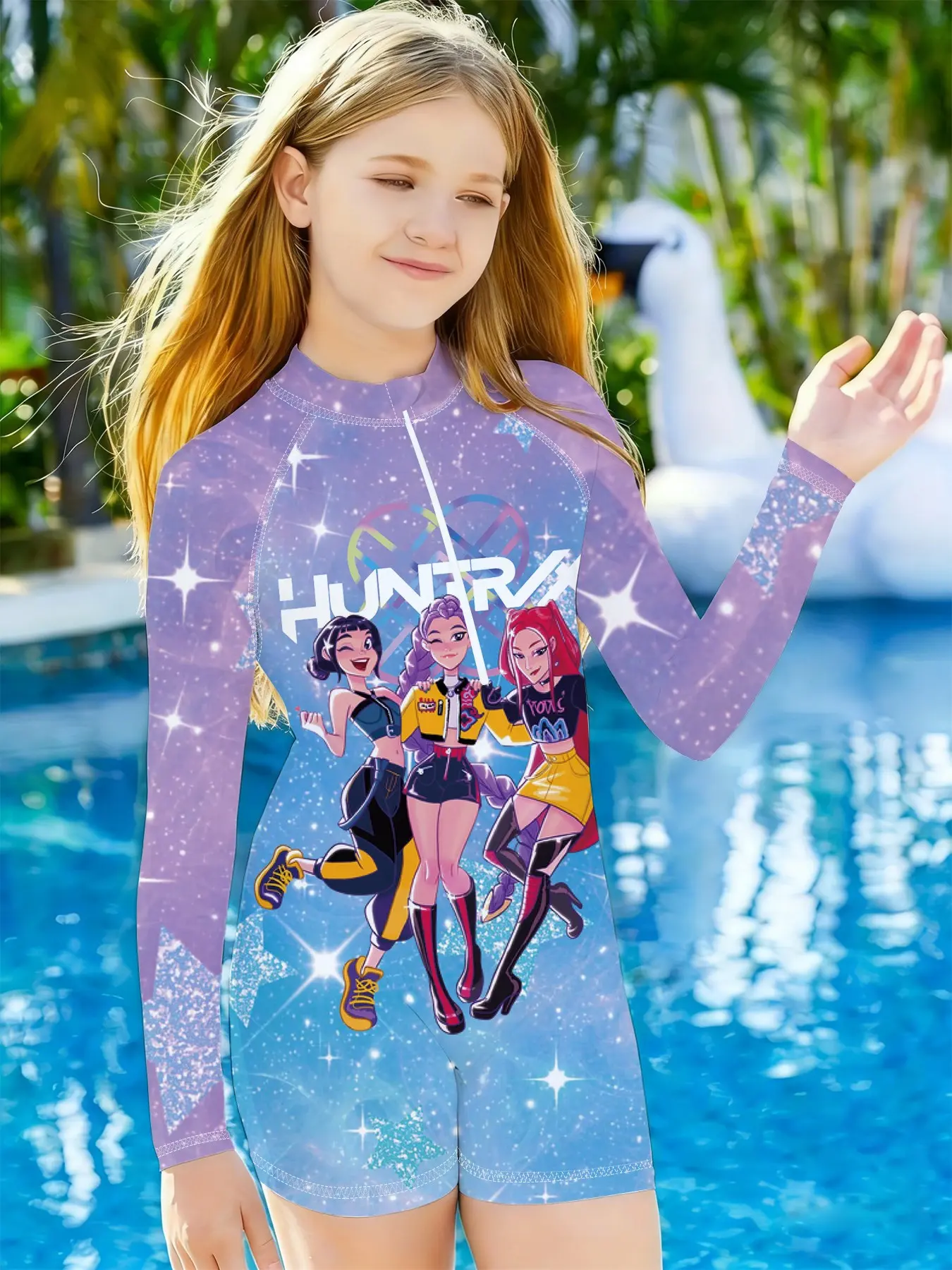 Girls' Long Sleeve Quick-Dry Sunscreen Jumpsuit, Lavender Glitter Star Print, Cartoon Anime Zip Design, Beach Swimwear, Outdoor Water Play Clothes
