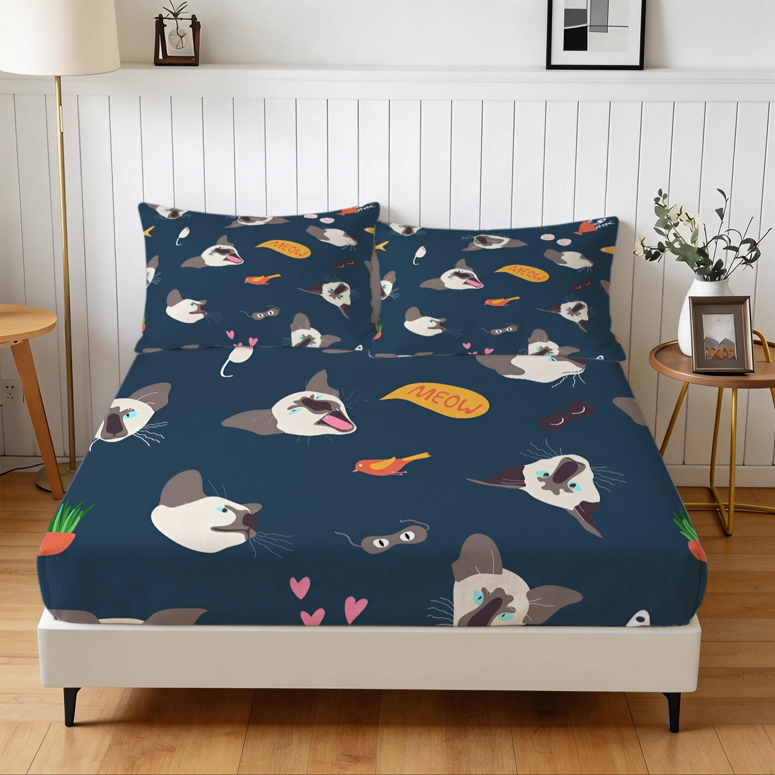 3 Piece Cute Cartoon Cat Fitted Sheet Set, 1 Fitted Sheet + 2 Pillowcases, Soft Skin-Friendly Kawaii Cat Meow Print Bedding, Ideal Gift for Cat Lovers Women Girls Teens Kids