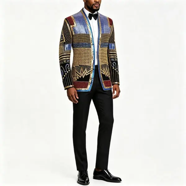Men's Fitted Long-Sleeve Polyester Geometric Rhinestone Sequin Open Blazer, Luxury Velvet Sparkly Clothes, Singer Stage Costume Nightclub Party Tuxedo Coat (Menswear)