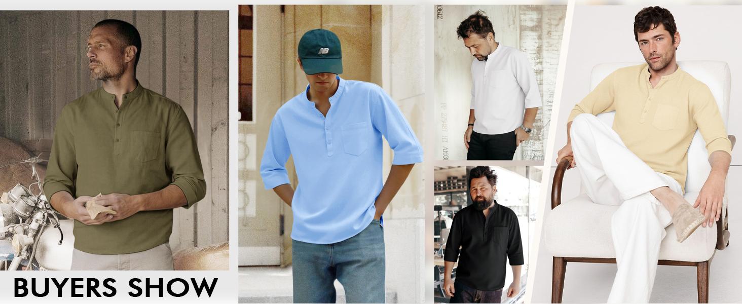 Runcati Mens Casual Henley Shirts 3/4 Sleeve Band Collar Cotton Linen Shirt Summer Beach Hippie T-Shirts with Pocket