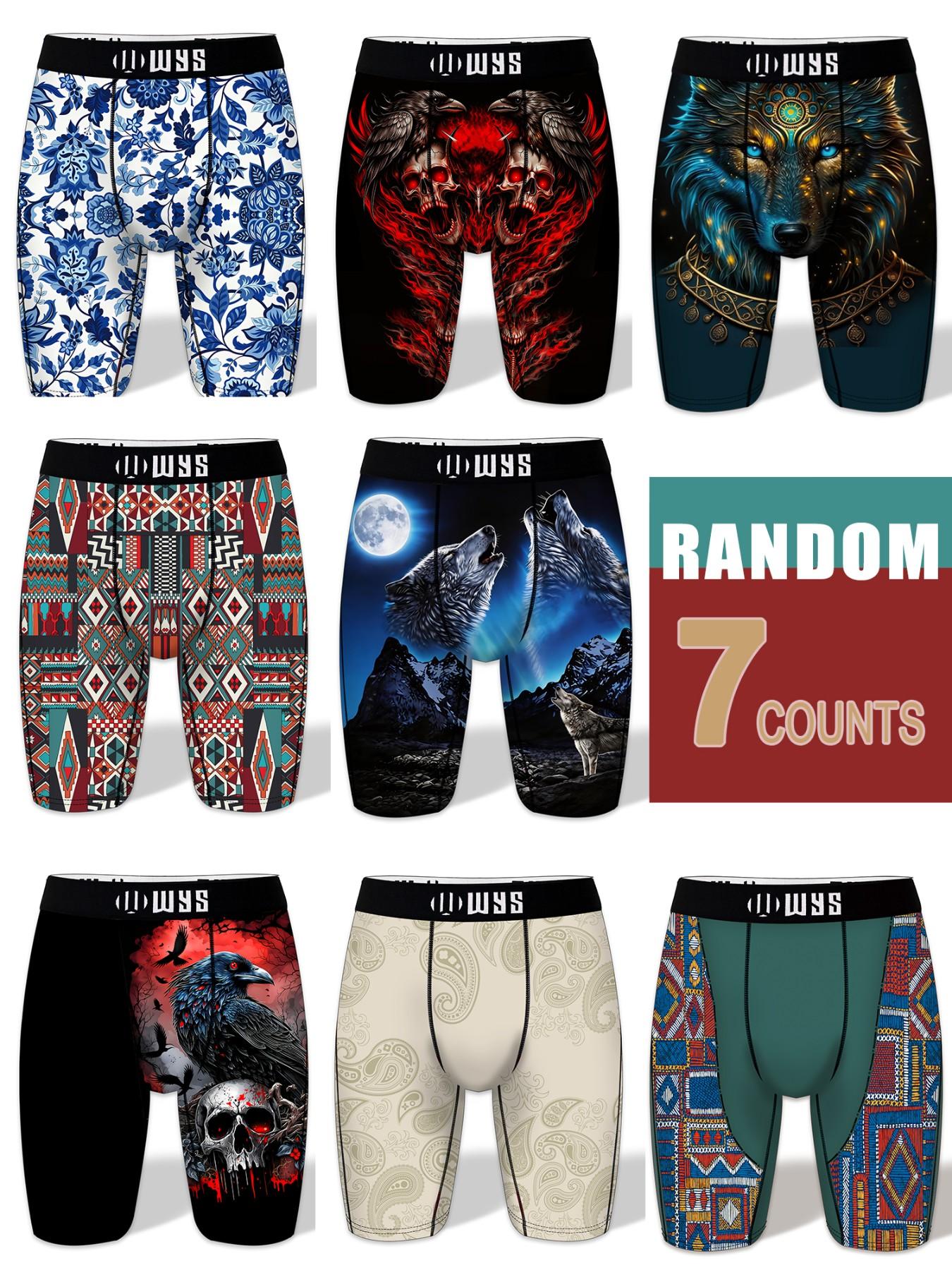 RANDOM-7PCS,Men's 7-Pack Long Brief Underwear, Boxer Briefs, Moisture-Wicking, Anti-Chafing, Quick-Dry, Sporty, Halloween Prints, Comfortable, All Seasons