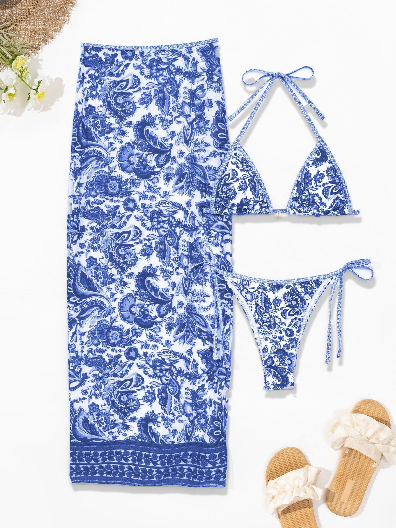 Women's Blue Paisley 3-Piece Swimsuit Set with Cover Up - Halter Bikini & Maxi Beach Cover Up for Summer Vacation,#ResortWear & Poolside Outfits,Floral triangle cup camisole dress, bikini three-piece swimsuit
