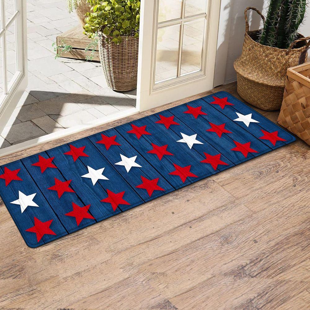 1PC， Red and White Stars on Blue Background Patterned strip rugs, home décor, bathroom mats, entryway mats, bathroom non-slip mats, indoor entrance rugs, bedroom bedside mats, kitchen mats, hallway rugs, flannel sponge rugs, hallway runner rugs