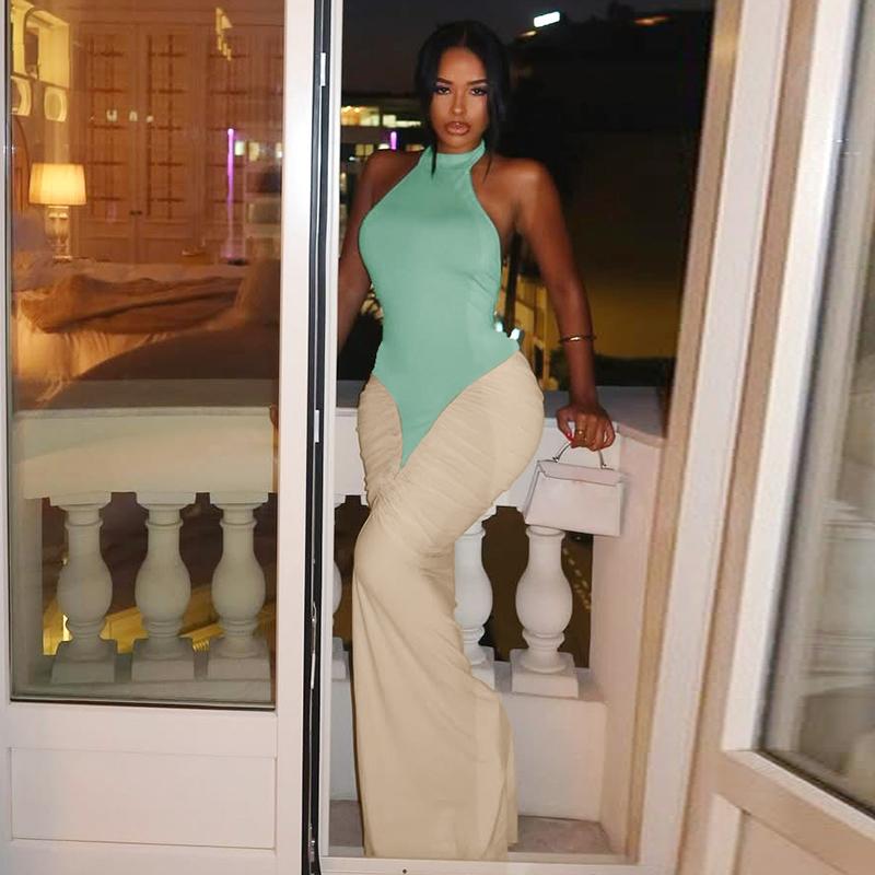 Women Summer Sexy Party Club Evening Halter Colorblock Backless Bodycon Long Dress Bodycon Dresses