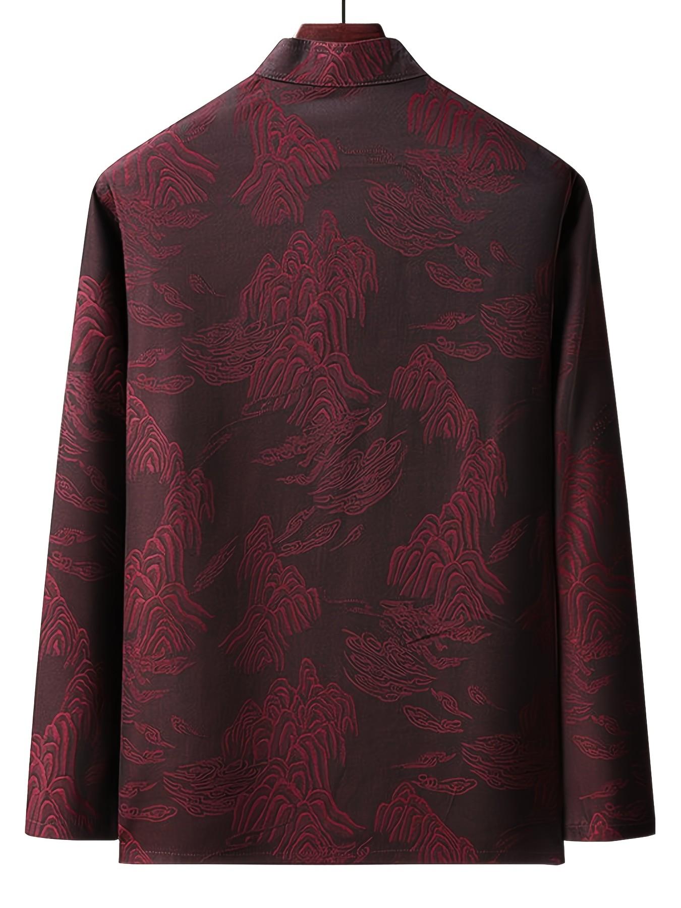 Luxurious Oriental Stand Collar Shirt, Chinese Style Wine Landscape Embossed Jacquard, Men's Formal Tang Suit Outerwear, Traditional Clothing, Menswear