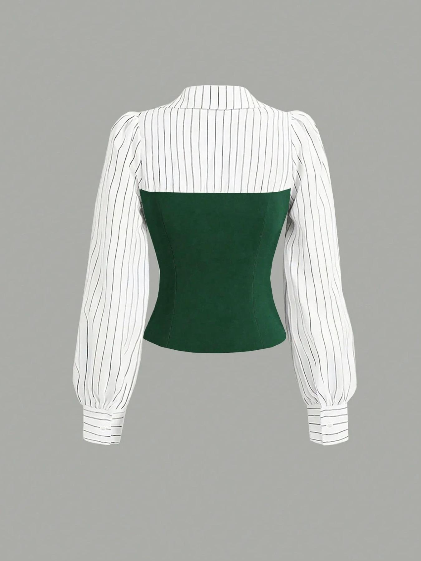 Women's Long Sleeve Colorblock Patchwork Shirt Set, Slimming Waist Design, Straight Leg Pants, Casual Fashion, 2 Piece Set