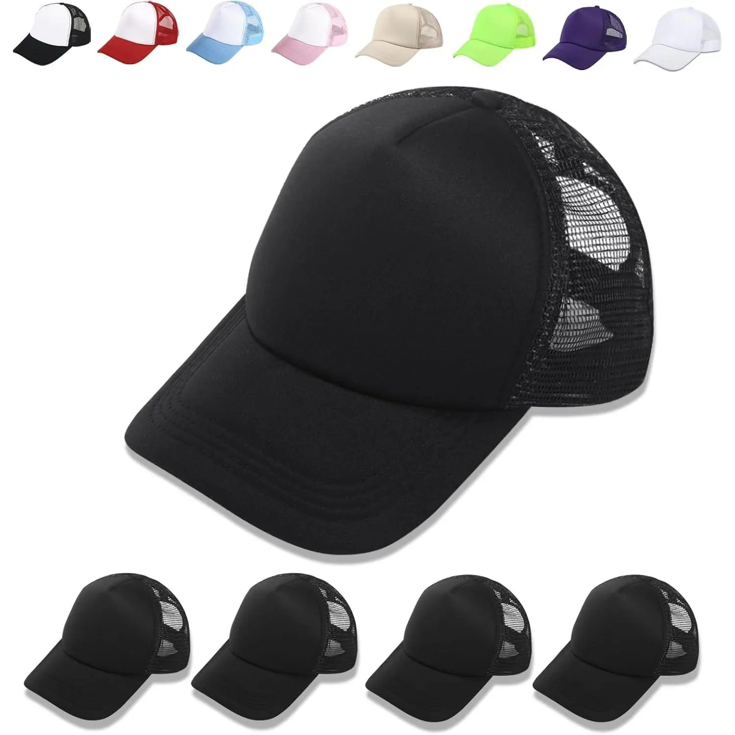 5 Pack Sublimation Blank Adjustable Black Polyester Mesh Baseball Trucker Hats for Men and Women(Gift)