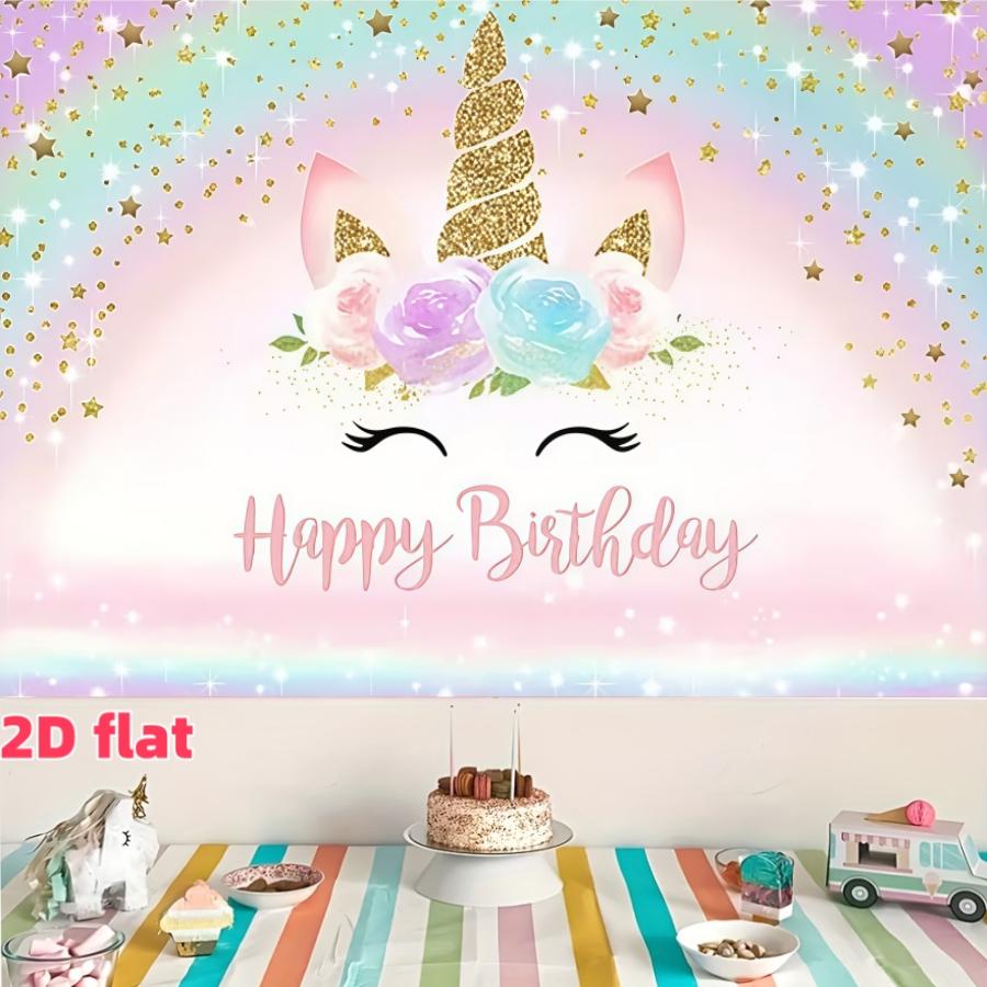 Flash gold unicorn birthday party background banner with rainbow stars, pink theme, polyester material, suitable for photo booths, parties, birthdays, celebrations, indoor and outdoor home birthday party decoration, home decoration, room decoration