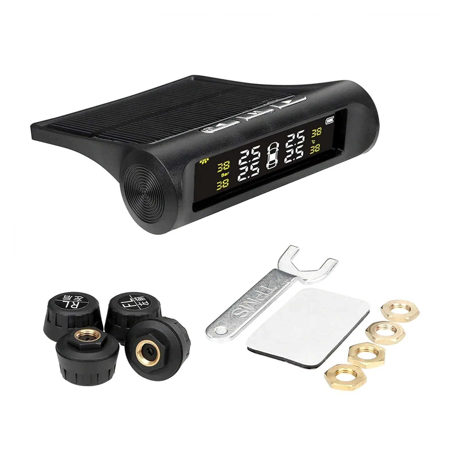 1 Set Car Tyre Pressure Monitoring System (TPMS) with Wireless External Sensors, Solar Power, Digital LCD Display, ABS + Metal Build, High Temperature/Leakage/Low Battery Alarms, -20°C~60°C Range, Sports & Outdoor Leisure Equipment Accessory