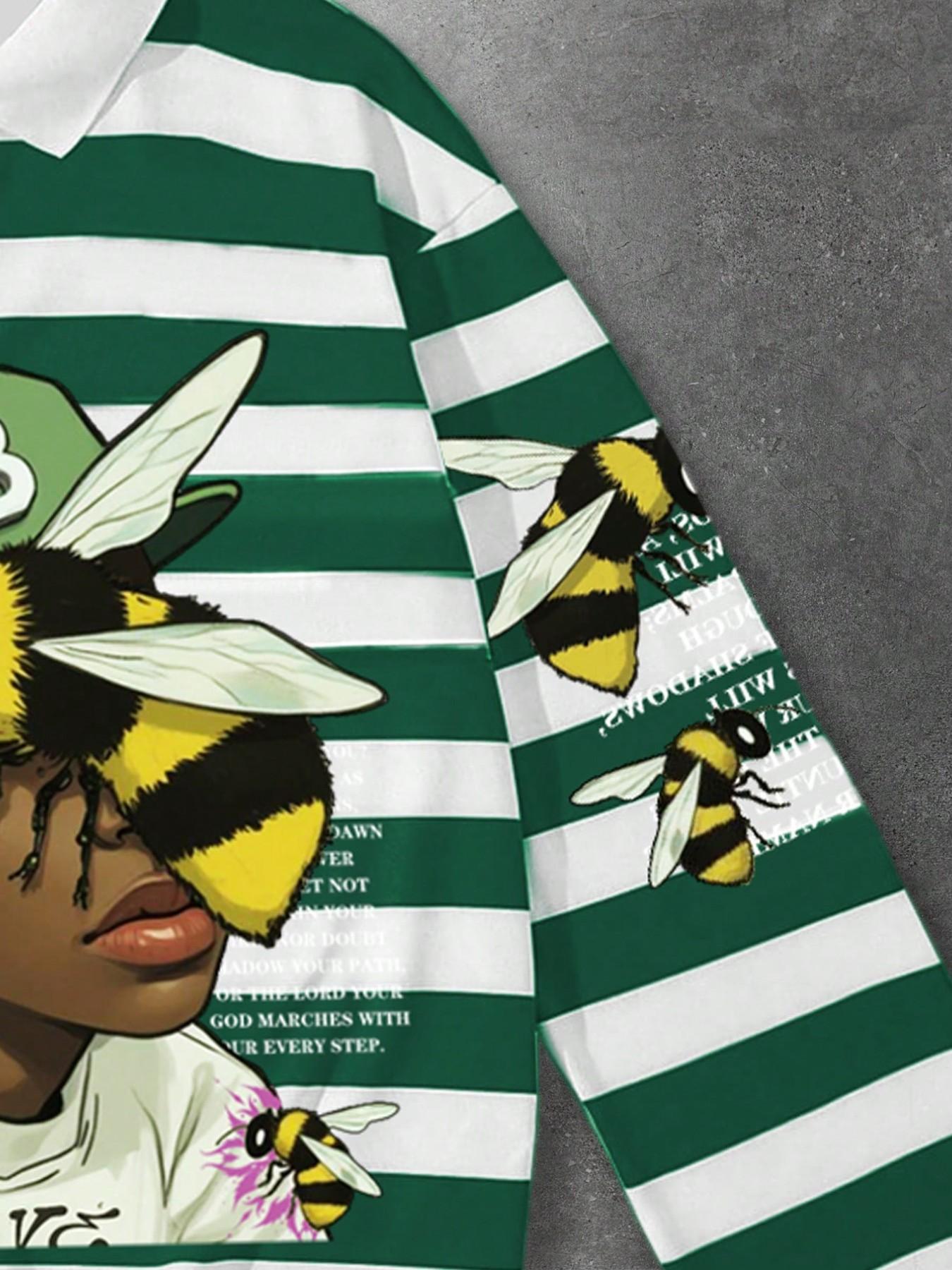 Green and white striped polo long sleeved men's T-shirt with rap bee print pattern and striped polo collar long sleeved shirt for European and American street life, unisex long T-shirt in ins style