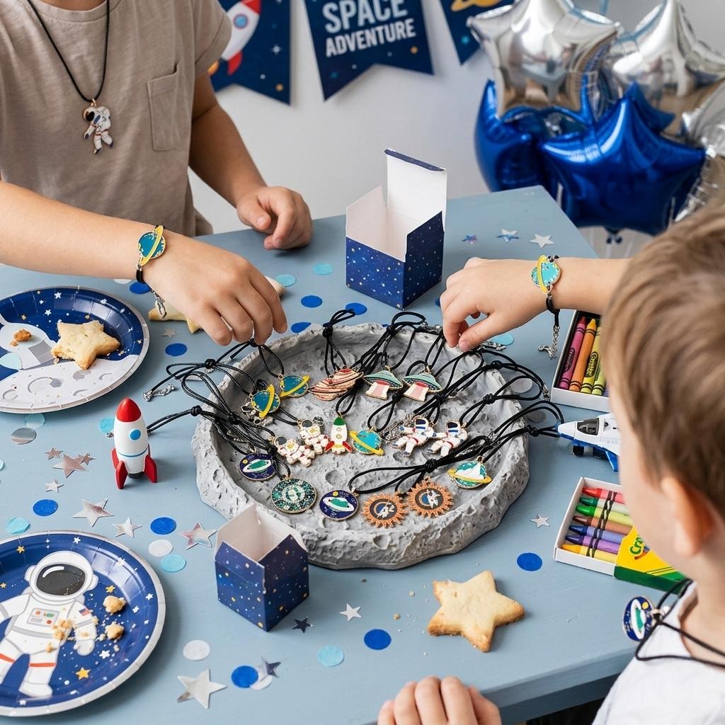 24pcs Space Theme Party Necklaces for Kids, Enamel Astronaut Planet Rocket Ufo Pendants, Galaxy Birthday Party Supplies, Boys Girls Gift Fillers