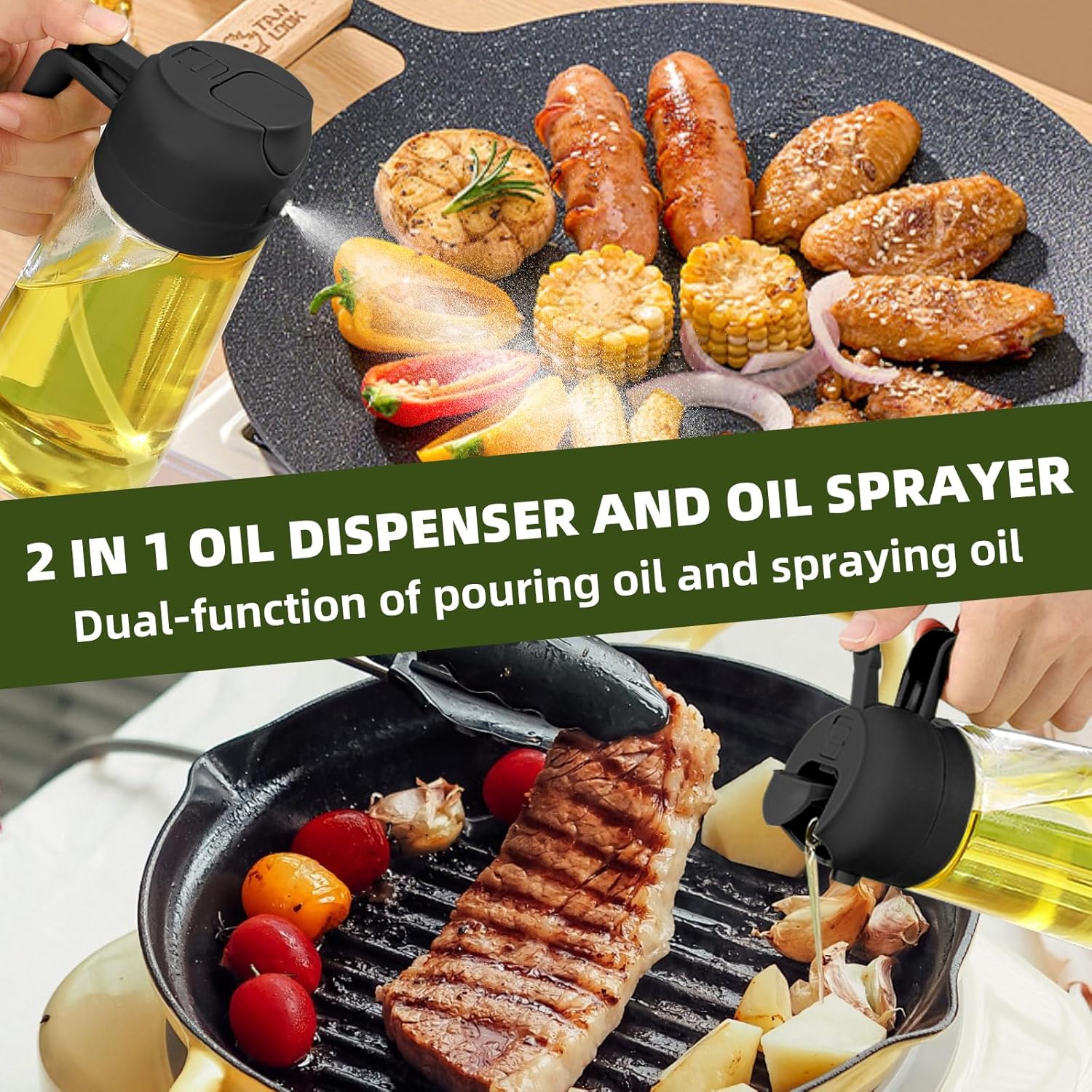 3Pack Kitchen Glass Oil Sprayer - 16oz/470ml 2 in 1 Dispenser Portion Control for Air Fryer BBQ Frying (Black+Green+White)