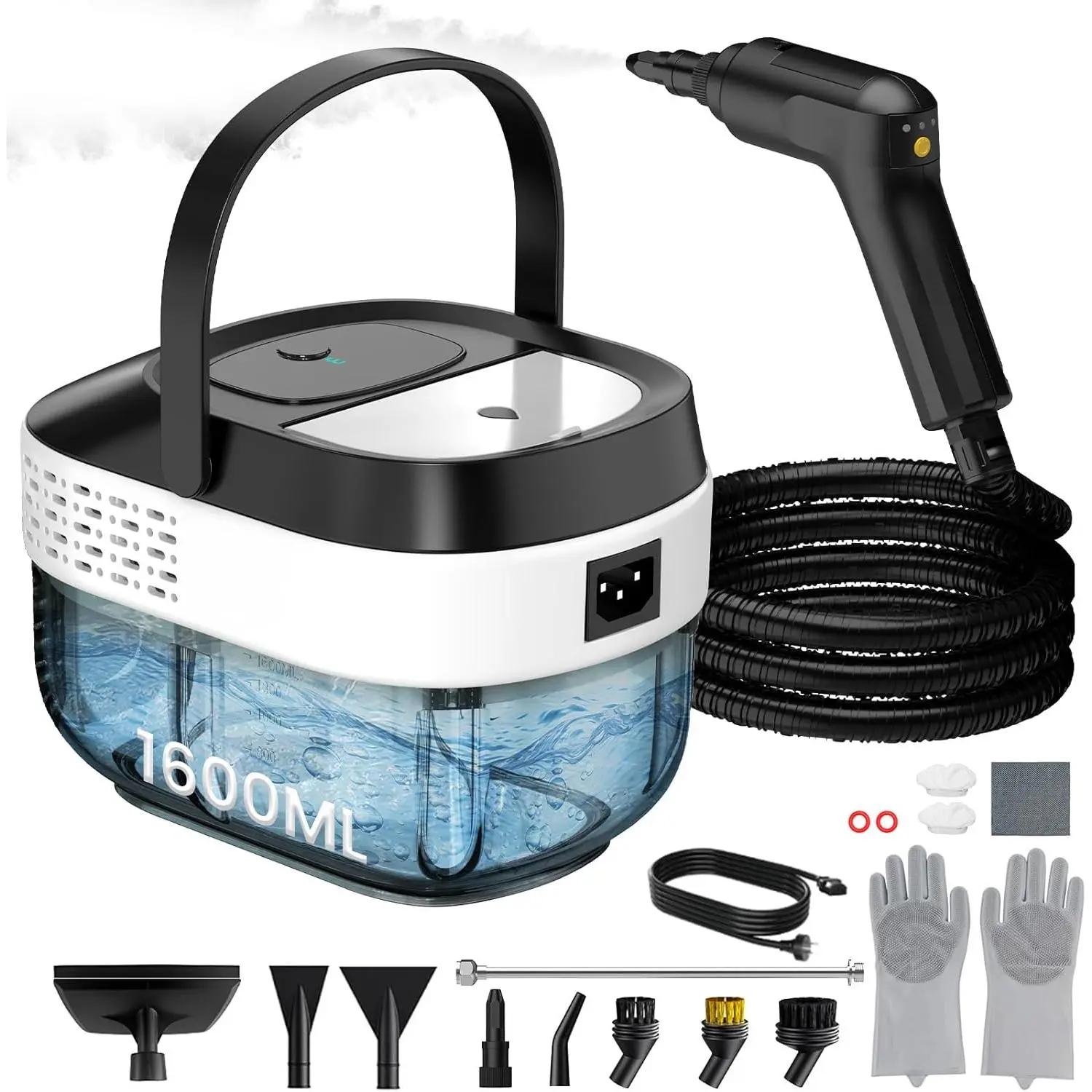 Compact Handheld Steam Cleaner, 1600ML, 10s Heat-Up, 3 Levels, Chemical-Free Cleaning, 19pcs Accessories, Dual Batteries, USB Charge, for Home, Car, Black & White
