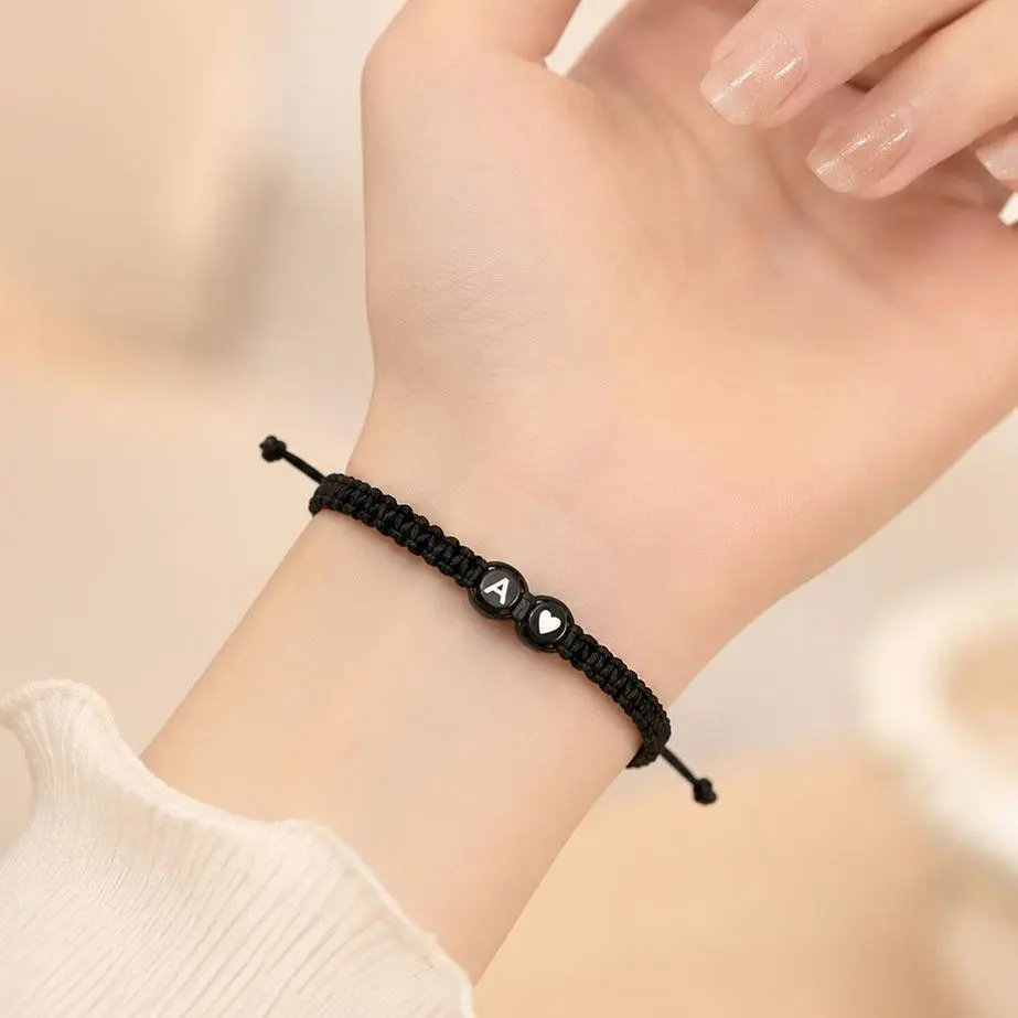 Unisex Adjustable Black Braided Rope Bracelet - Custom Letter, Heart Charms, Slide Knot, Hand-Woven Personalized Wrist Jewelry for Daily Casual Matching, Men's Accessories, Handwoven, Casual Party, Letter Hearts, Plain Braid