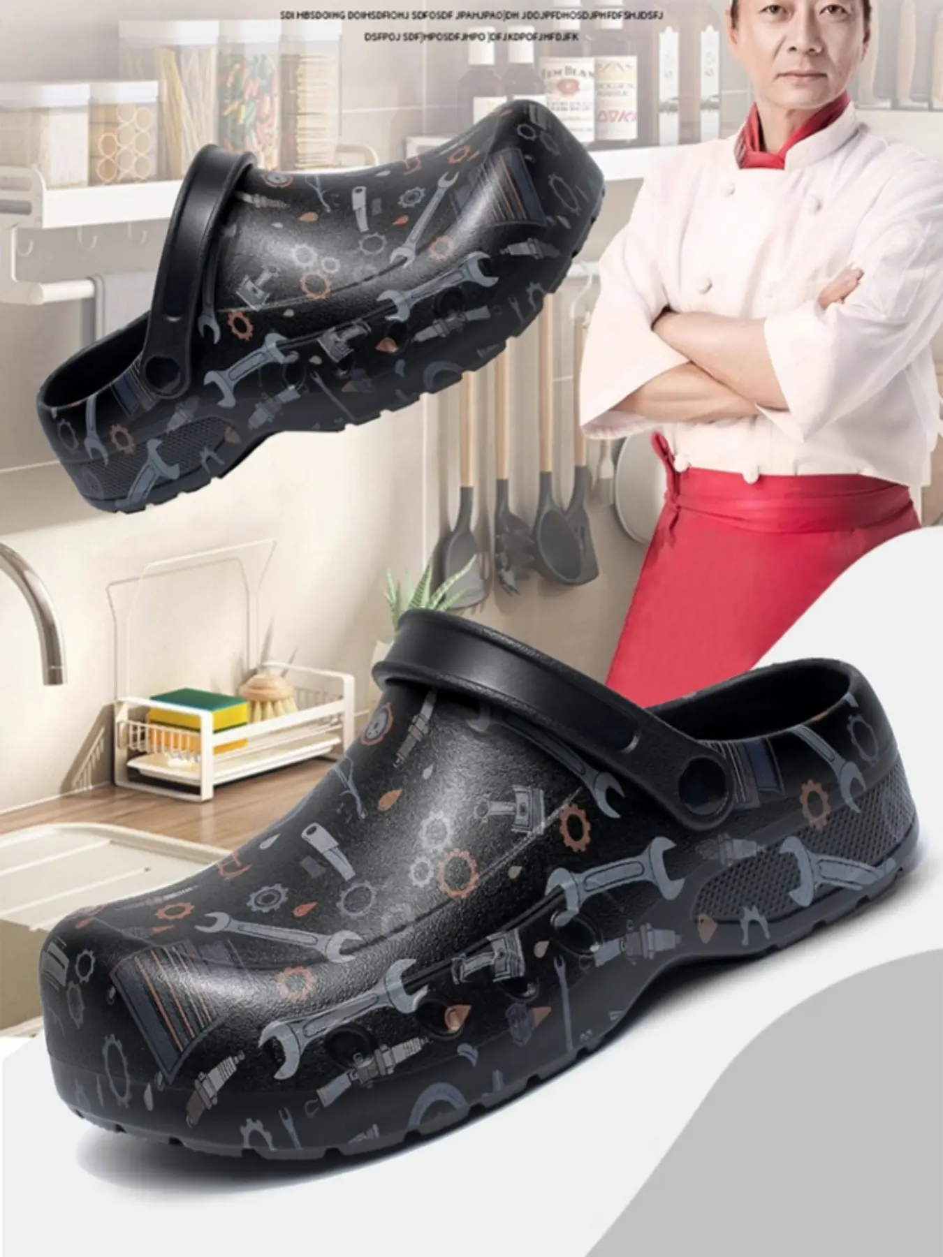 Men's Large Size Chef Print Anti-Slip Clogs, Kitchen Work Shoes, Breathable Oil-Resistant Closed-Toe Clogs, Professional Kitchen Footwear