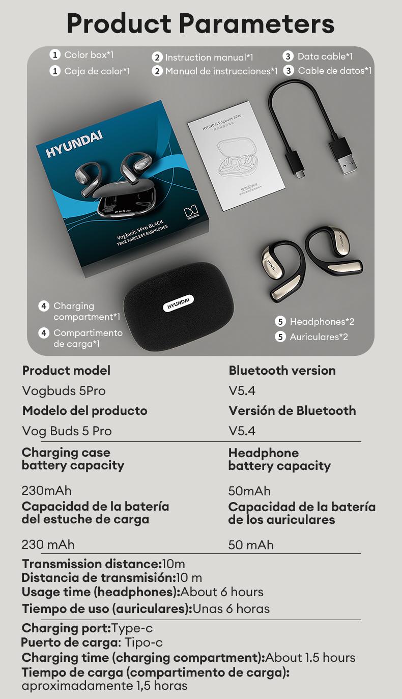 HYUNDAI Vogbuds 5 Pro OWS Smart Voice Assistant Headset, Dynamic Stereo Sound Earbuds with ENC Call Noise Canceling Mic, Digital Battery Display