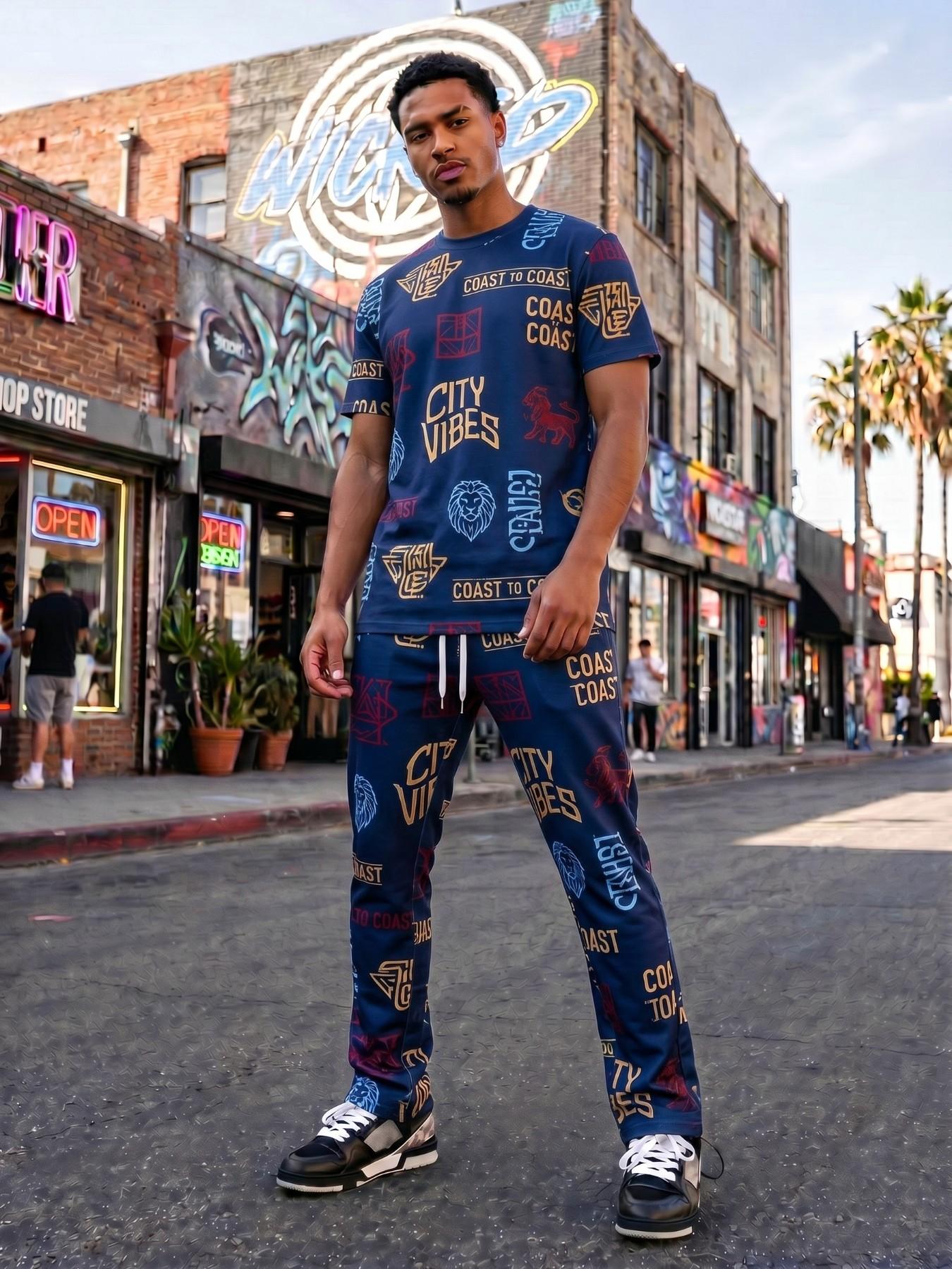 Coast City Lion Letter All Over Print Short Sleeve Tee & Curved Pant Matching Set, Soft Light Stretch Breathable Skin Friendly Outfit, LA Urban Streetwear For Skate Daily City Commute