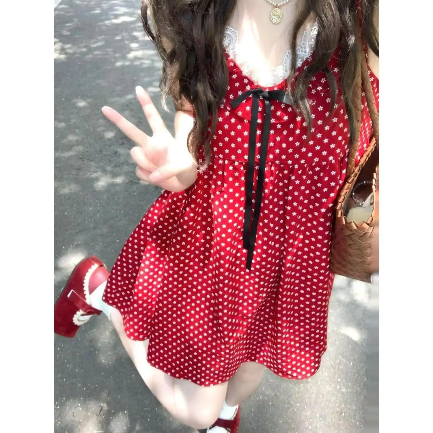 Japanese Vintage Harajuku Coquette Doll Style 2 Piece Dress Set Women Strawberry Print Lace Trim Bow Loose Fit Daily Outfit 2026