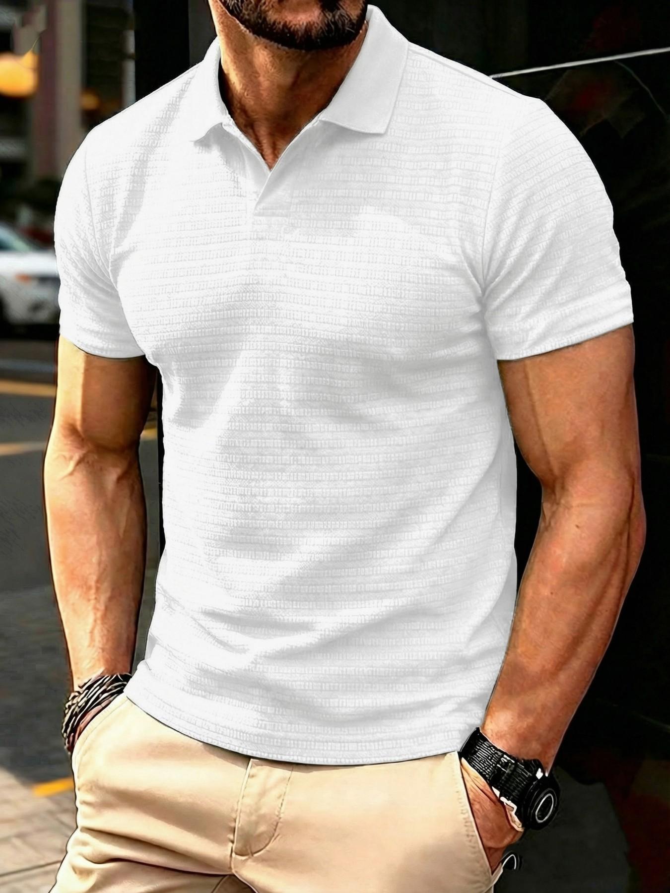 Men's Solid Jacquard Knit Polo Shirt, Regular Fit Casual Short Sleeve Collared Top for Summer, National Day Clothing, Fashion Menswear Men's Clothes for Daily Wear