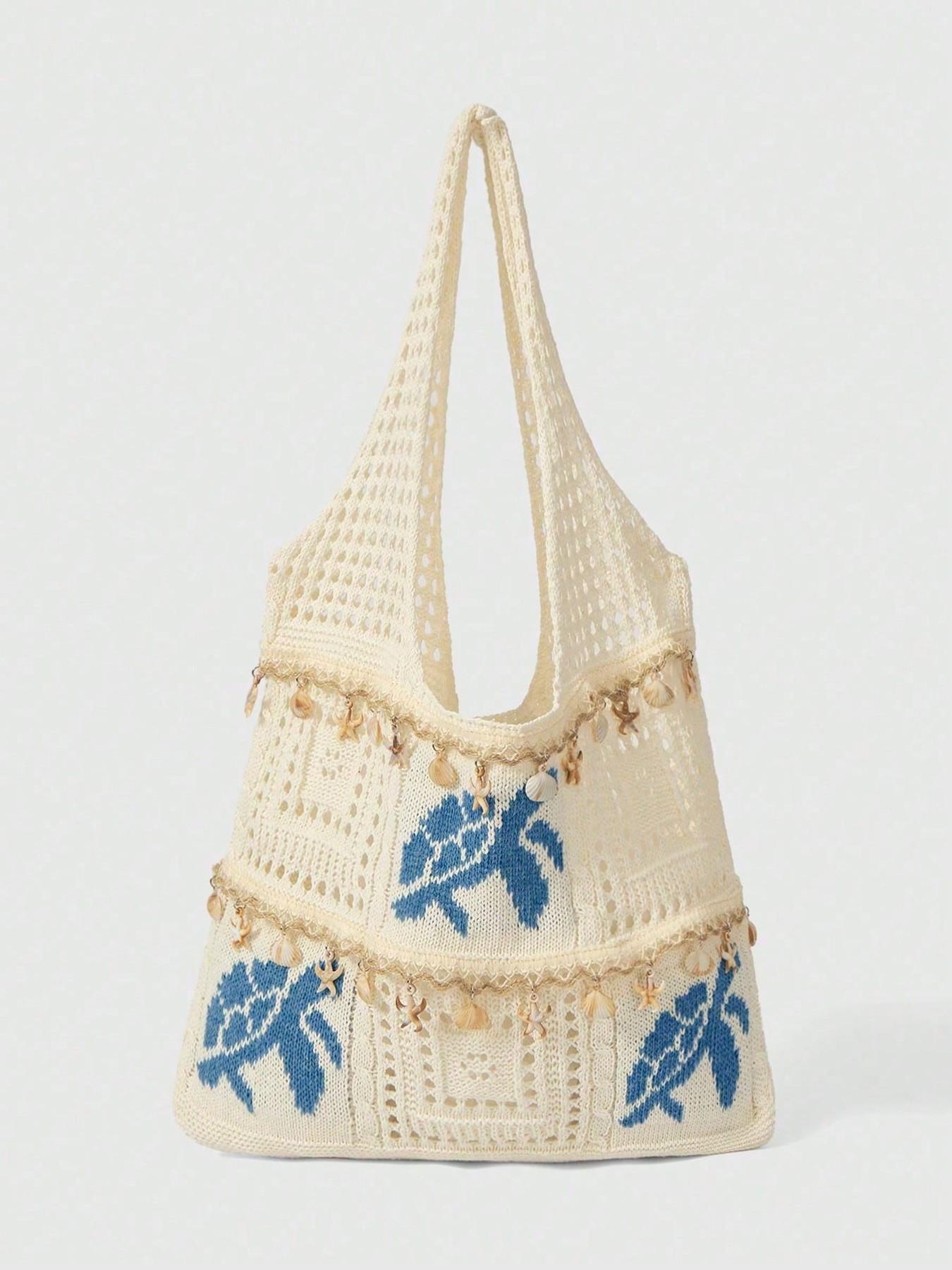 Vacation style simple and personalized hollow knitted turtle tote bag, shell, starfish, tassel hanging accessories, wide shoulder strap, large capacity beach bag, suitable for beach play and outdoor travel