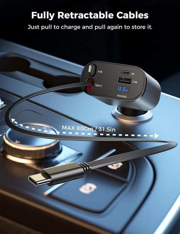 100W 4-in-1 Retractable Car Charger - USB C Fast Charging Adapter with Lightning Cable & Dual Ports, Car Accessories, iPhone Charger, Multi-Port Cables for iPhone 15/14/13 Pro Max Plus, iPad, AirPods, Samsung Galaxy S23/S22/S10, Google Smartphones 100W 4-in-1 Retractable Car Charger - USB C Fast Charging Adapter with Lightning Cable & Dual Ports, Car Accessories, iPhone Charger, Multi-Port Cables for iPhone 15/14/13 Pro Max Plus, iPad, AirPods, Samsung Galaxy S23/S22/S10, Google Smartphones