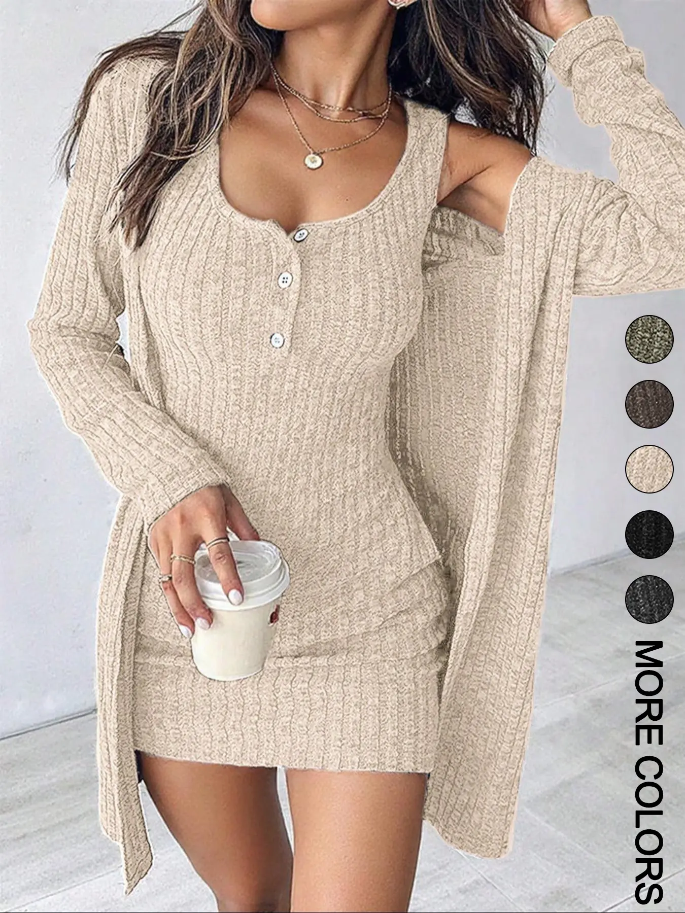 Women's Striped Knit Dress Set, Outfit, Long Sleeve, Cropped, Casual Style, Comfortable Fabric, Fashion Design, Womenswear, Vneck, Perfect for Daily Wear, Casual Everyday Wear