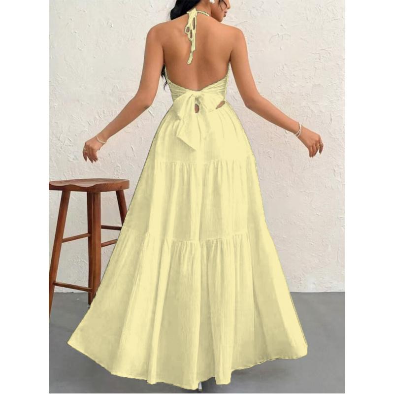 Solid Color Elegant Halter V-Neck Sexy Backless French-Style Temperament Maxi Dress
