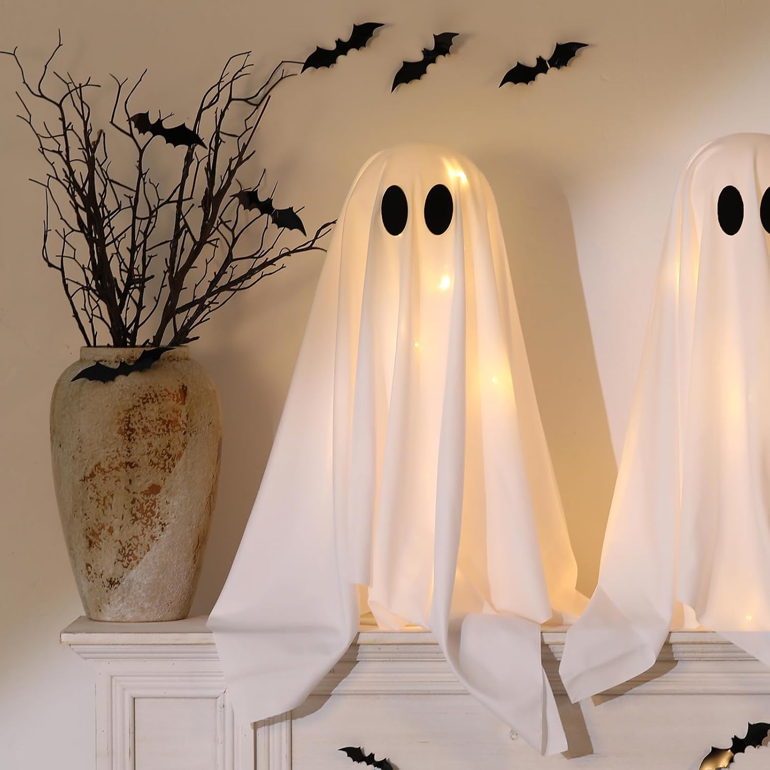 Halloween Decorations, 2 Pack Ghosts with String Lights, Spooky Indoor Party Decor for Home Table Room Kitchen Fireplace