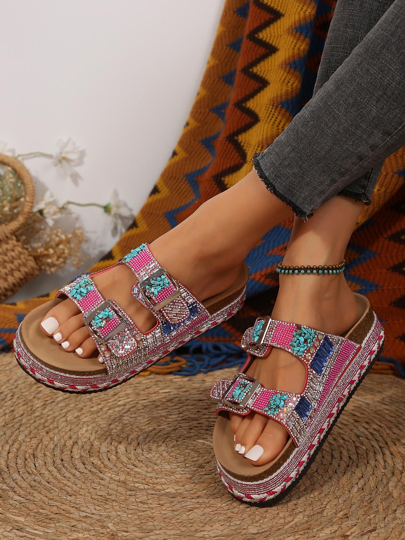 Women's Summer Fashion Thick Sole Sandals Bohemian Style Platform Slides 2026 New Trendy Rhinestone Colorful Stone Slippers O Wedge Beach Shoes Must-have for Coastal Vacation Flexible Sandals