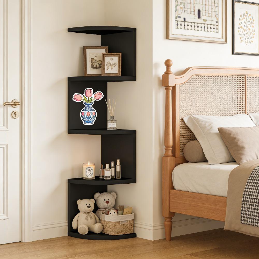 Five-tier corner shelf – a space-saving floating storage rack suitable for bedrooms, living rooms, and bathrooms. This wall-mounted organizer features a European and American style corner floating shelf and a minimalist bookshelf design.