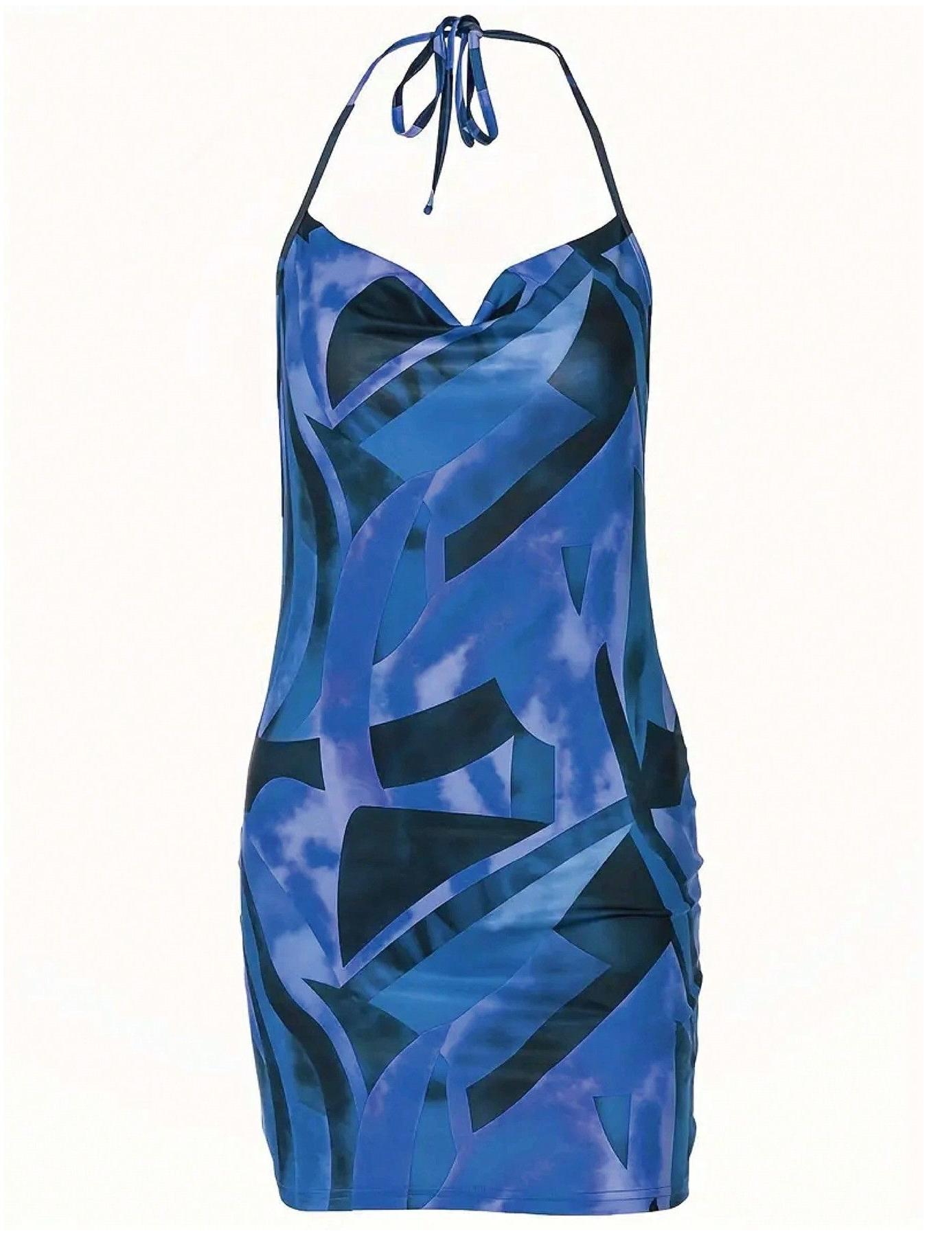 A set of women's casual contrasting printed neck hanging dress with a spicy girl style deep V slim fit hip hugging short skirt for vacation and dating, suitable for summer, suitable for home, indoor, and outdoor wear