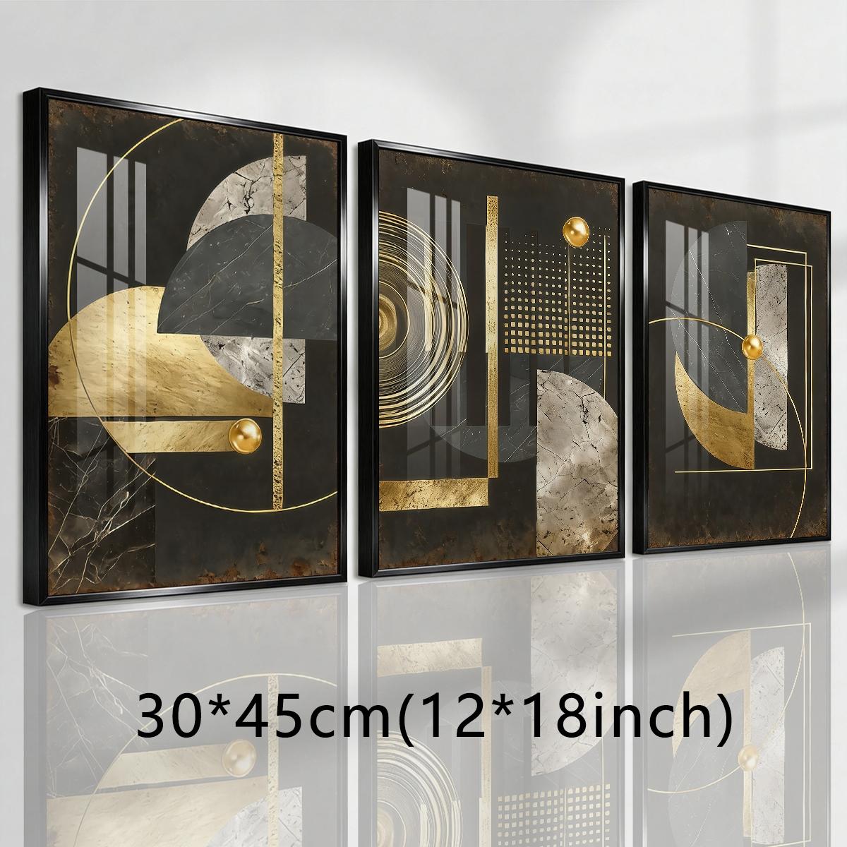 3 Counts Aluminum Alloy Framed Painting, Abstract Geometric Gold And Black Art Pictures, Home Decoration For Living Room, Bedroom, Office, Restaurant, Hallway Wall Decor, Odorless Print Artwork, Luxury Perfect Gift For Friends And Family