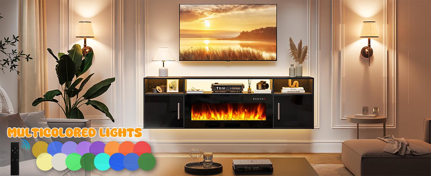 PUKAMI Floating Fireplace TV Stand 70'' Wall Mounted Shelf, LED Light Entertainment Center and Storage, Modern Wood Media TV Console with Highlight Cabinet for Living Room