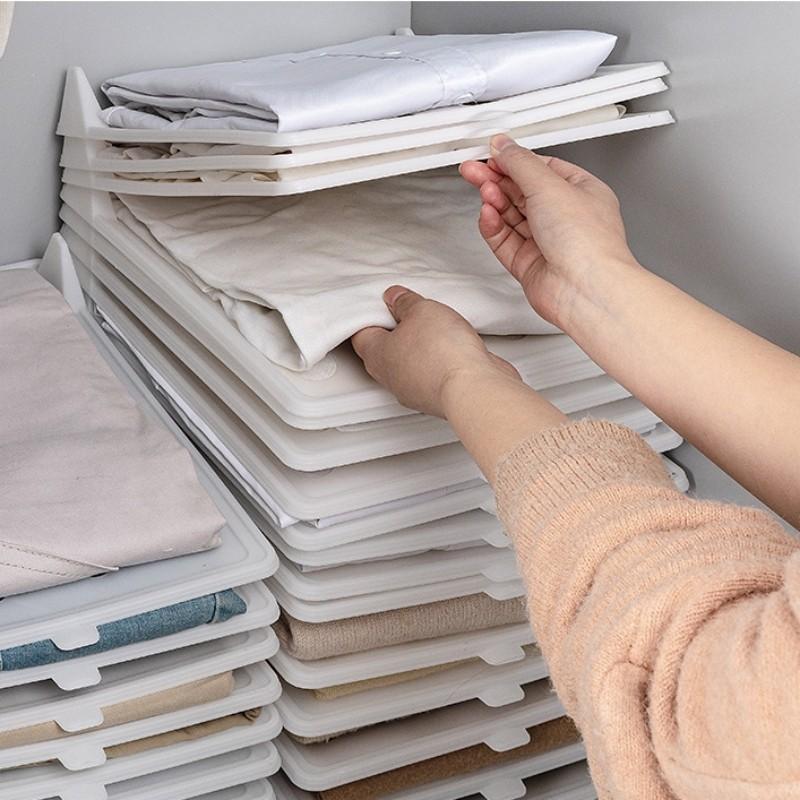 Multi-Functional Stackable Shirt Organizer 5 Pack Plastic Closet Storage Rack Anti-Wrinkle Portable Clothes Folder for Wardrobe Drawer Space Saving Home Organization Solution for Bedroom Dressing Room Travel Folding Clothing Organizer