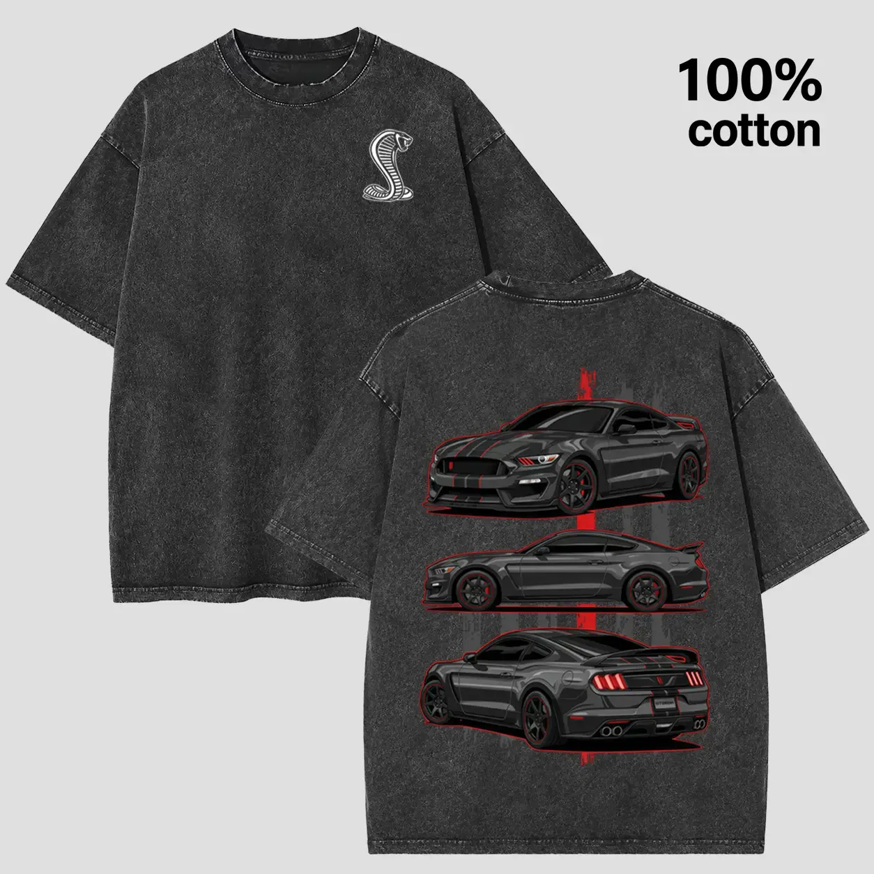 Vintage Washed Gray Mustang Cobra Graphic Tee - Retro American Muscle Car T-Shirt