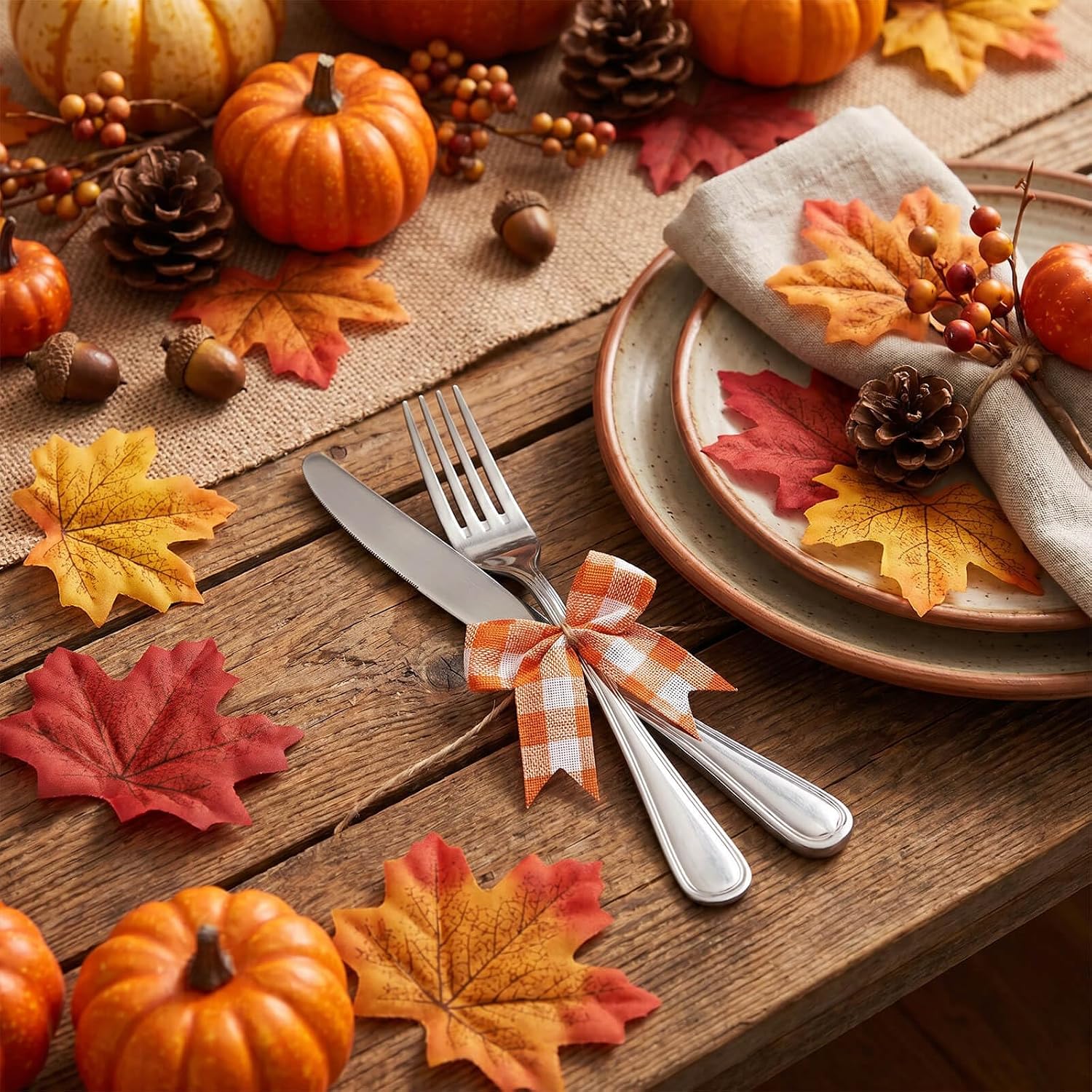 24 count Mini Orange and White Buffalo Check Bows, 3 Inch Small Pre-Tied Fall Bows with Twine Ties for Thanksgiving Wreaths, Harvest Decor and  Wrapping