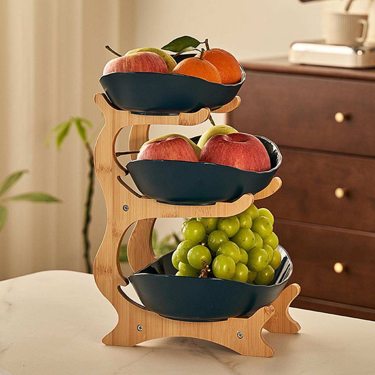 Colorful Fruit Basket Set with Wooden Stand, Plastic Bowls, Cake Stands, Biscuit Plates, Candy Buffet, Dessert Table Display, Perfect for Weddings & Parties