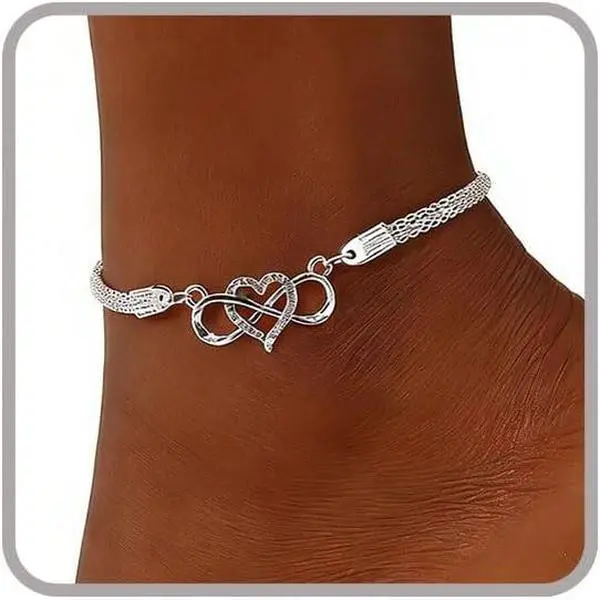 Women's Silver Waterproof Rhinestone Tennis & Heart Drop Anklets - Plus Size for Big Ankles, Summer Beach Costume Jewelry Foot Accessories