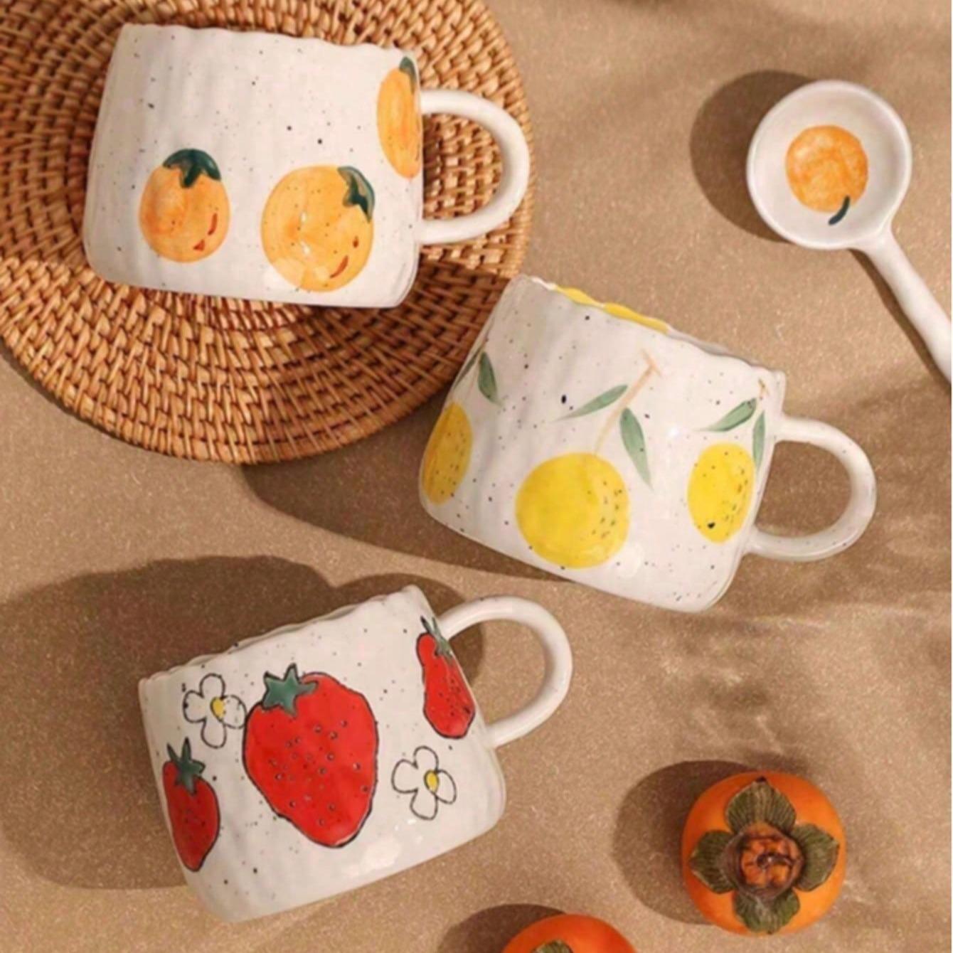 Hand-Drawn Fruit Pattern Ceramic Coffee Mug, Perfect Gift for Home Office Activities Christmas Birthdays, Unique Artistic Design, Ceramic Mugs
