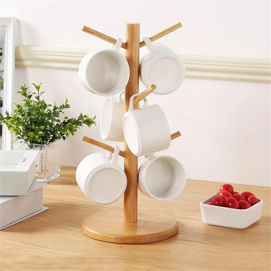 Mug Tree, 1 Count Coffee Cup Holder with 6 Hooks, Wood Coffee Mug Holder for Counter, Coffee Organizer Station Essentials, Coffee Bar Storage, Bamboo Wood Stand