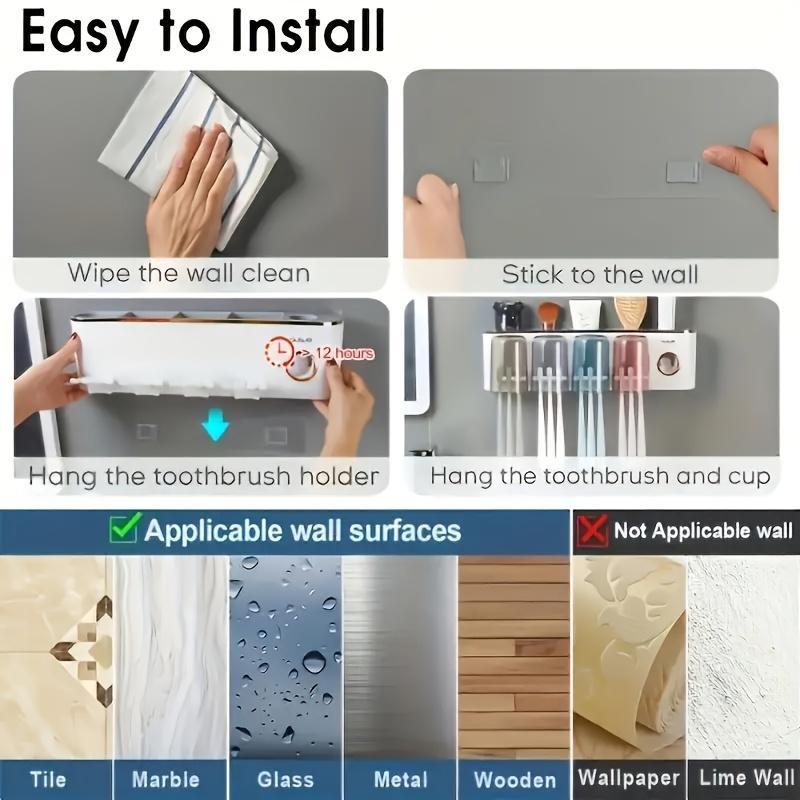 1 Wall-mounted Toothbrush Holder Set with Mouthwash Cup, No Need to Punch Holes, Automatic Toothpaste Dispenser, Wall-mounted Toothbrush Storage Rack, Bathroom Accessories, Plastic for Toothbrush, Toothpaste Tube and Mouthwash Cup