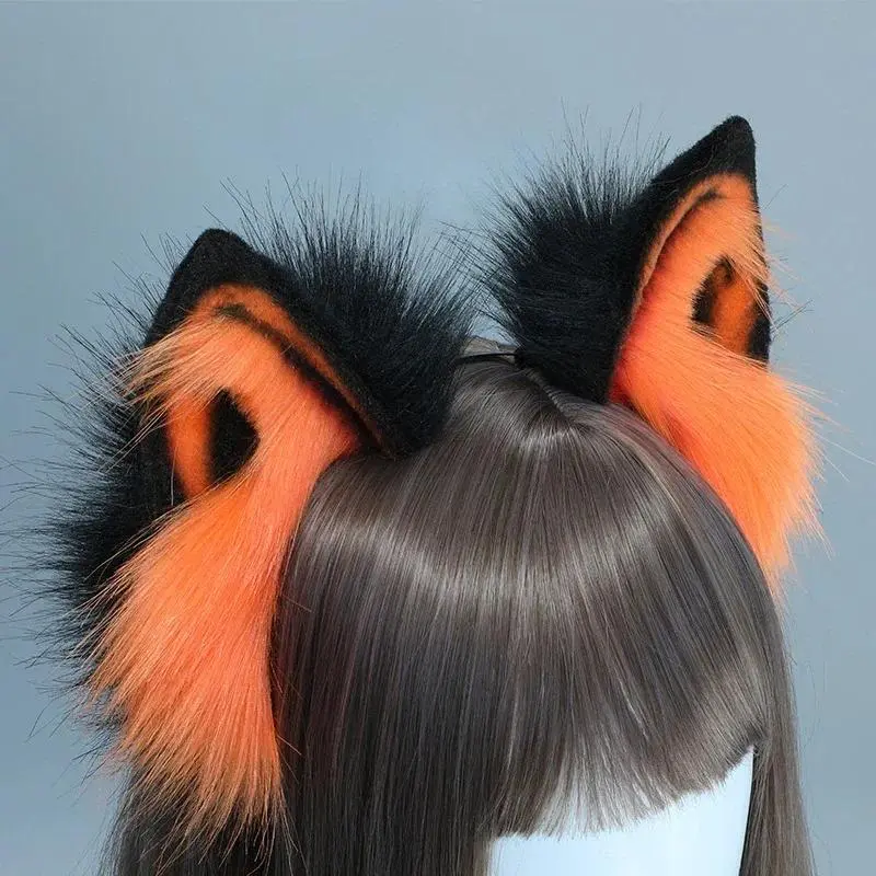 New Furry Plush Foldable Wolf Cat Ears Headband Orange Color Simutation Animal Hair Hoop Japanese Kawaii Cosplay Headpiece Gift