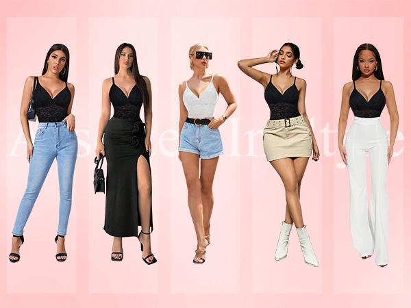 Women's Sexy Lace Belly Control Bodysuit, High Compression Bodysuits, V Neck Thong Tight-Fitting Shapewear Tank Top, Slimming Underwear for Women