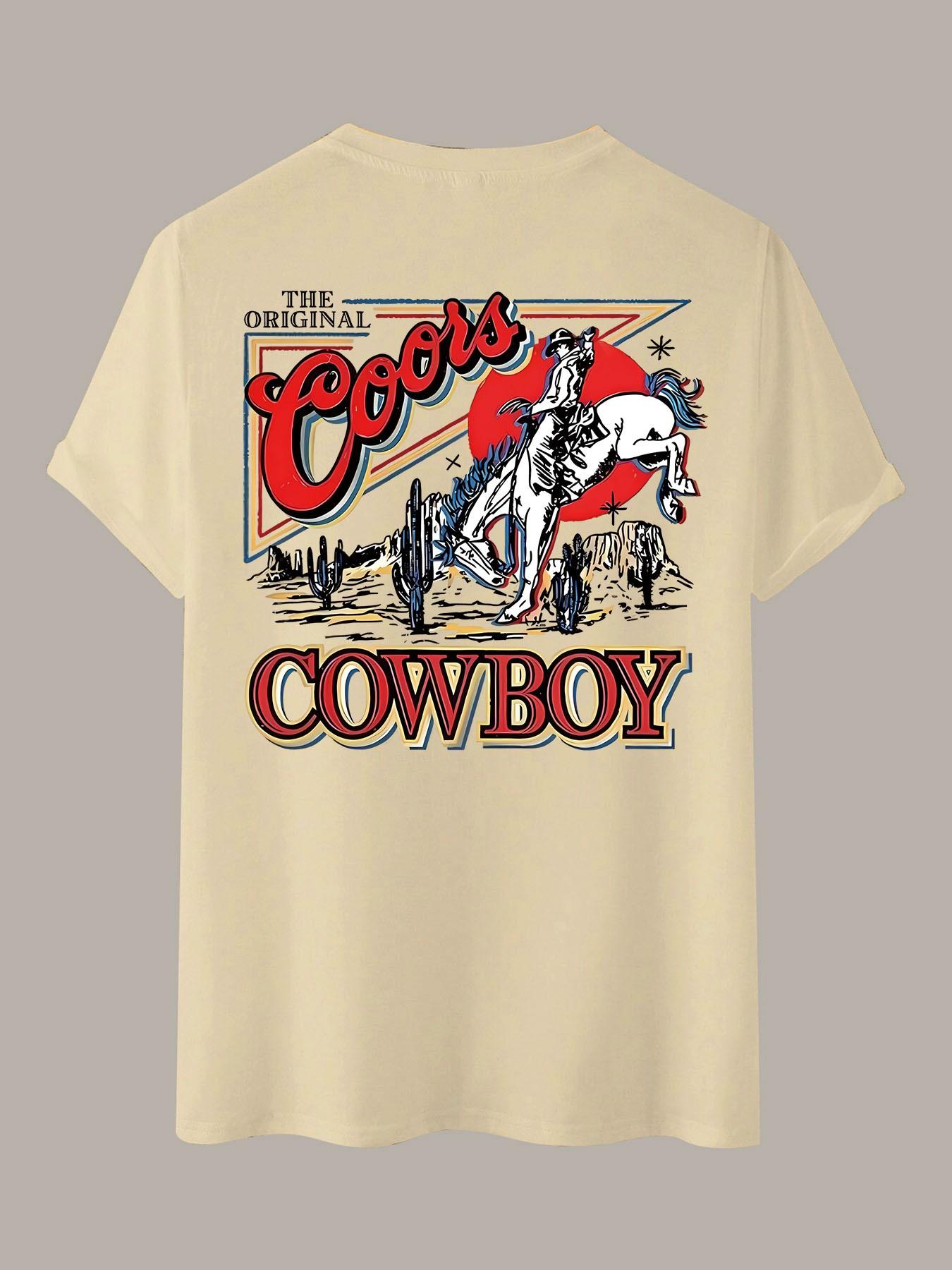 Coors Western Cowboy Retro Print Cotton Short Sleeve T-Shirt, 2026 Summer American Vintage Oversize Unisex, Front and Back Dual Print Top