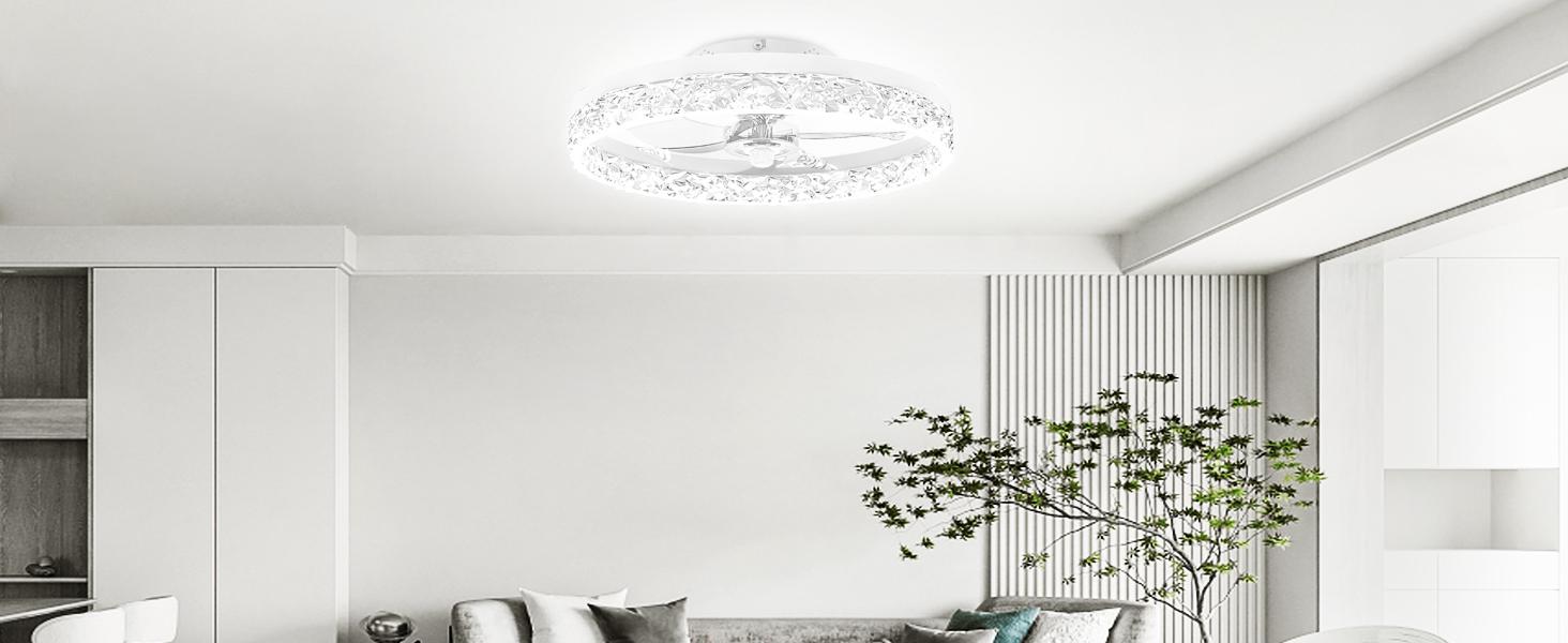 Modern Ceiling Fan with Lights and Remote, Dimmable LED Low Profile Flush Mount Bladeless Fans, Air Circulation 6 Speeds & 3 Color for indoor Bedroom App Control